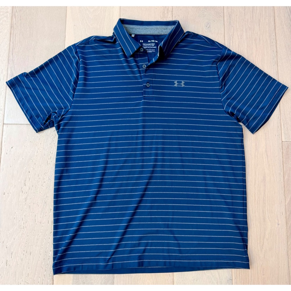 Under Armour Playoff Polo Mens XL Blue Striped Short Sleeve Golf Shirt Loose Fit